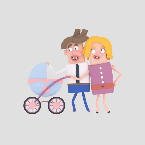 Parents Pushing Baby Stroller Illustration — Stock Photo, Image