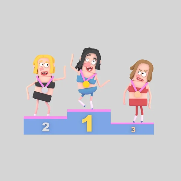 Girls standing on Olympic podium. 3d illustration