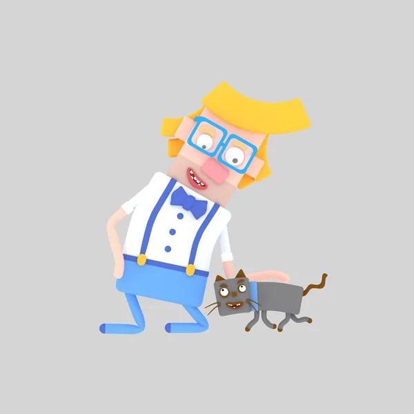 Blonder Junge Streichelt Katze Illustration — Stockfoto