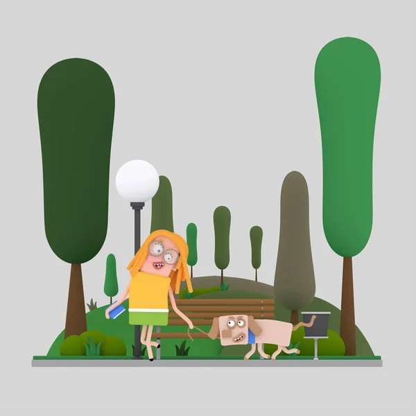 Fille Marchant Avec Chien Dans Parc Illustration — Photo