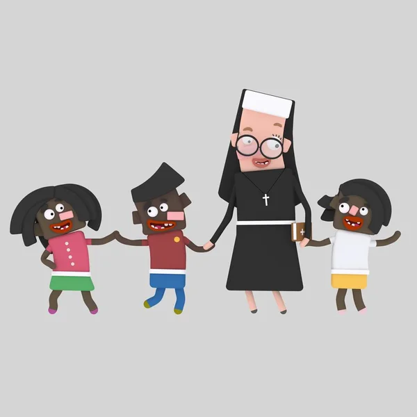 Nun Caring Children Illustration — Stock Photo, Image