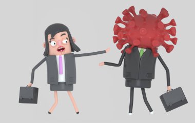 İş yerindeki endişeli iş kızı Covid19. İzole edilmiş. 3d illüstrasyon.