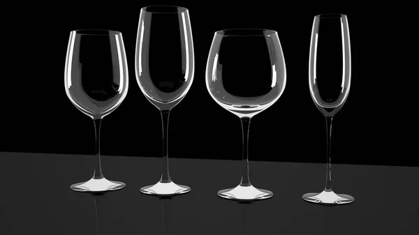Verschillende Wijn Glazen Zwarte Achtergrond Schoon Glanzend Lege Schonere Bril Stockfoto