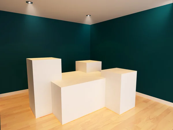 Белая коробка POS Дисплей стенд в синей комнате стены с деревянным полом — стоковое фото