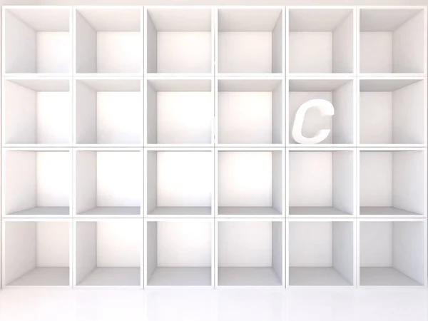 Empty white shelves with C — Zdjęcie stockowe