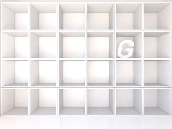 Empty white shelves with G — Zdjęcie stockowe