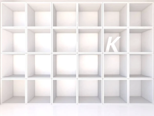 Estantes blancos vacíos con K — Foto de Stock