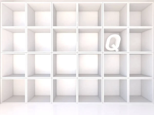 Empty white shelves with Q — Stockfoto