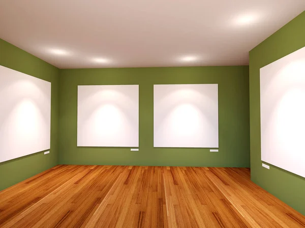 Prázdný prostor interiér s bílým plátnem na zelené zdi v galle — Stock fotografie