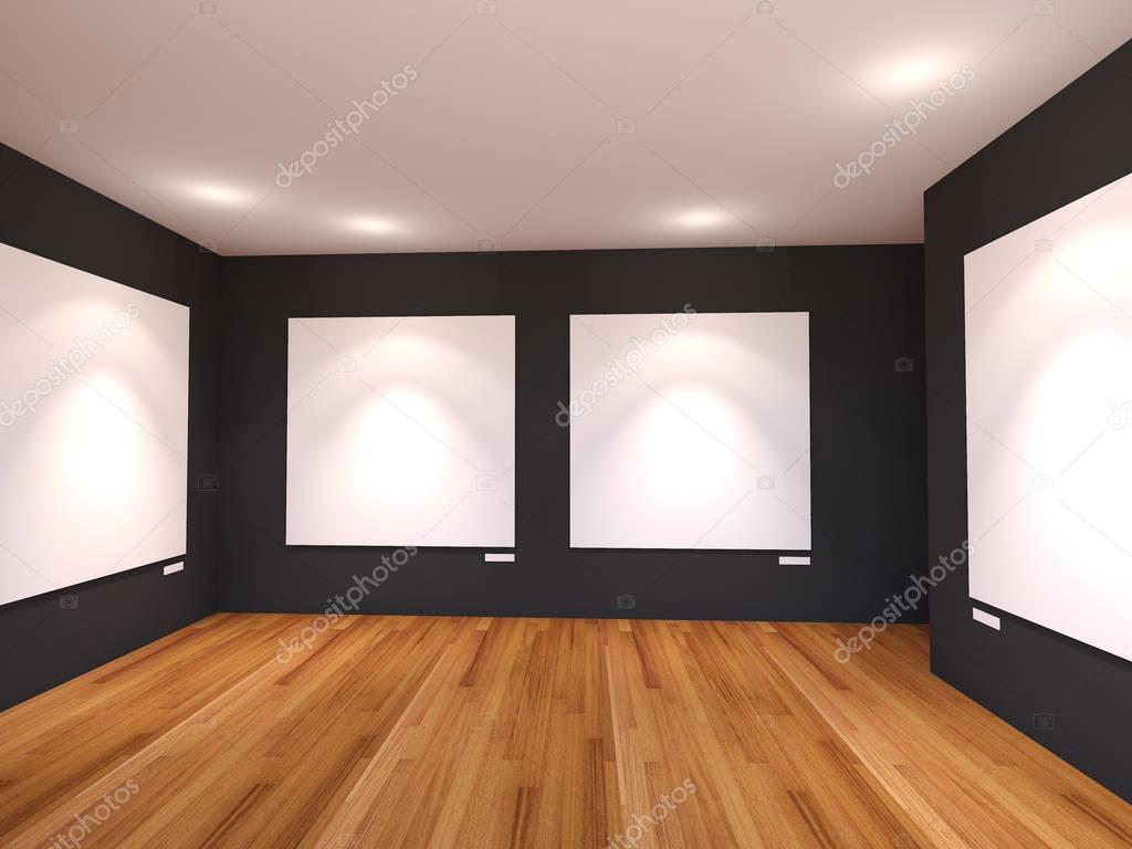 Empty room interior with white canvas on black wall in the galle