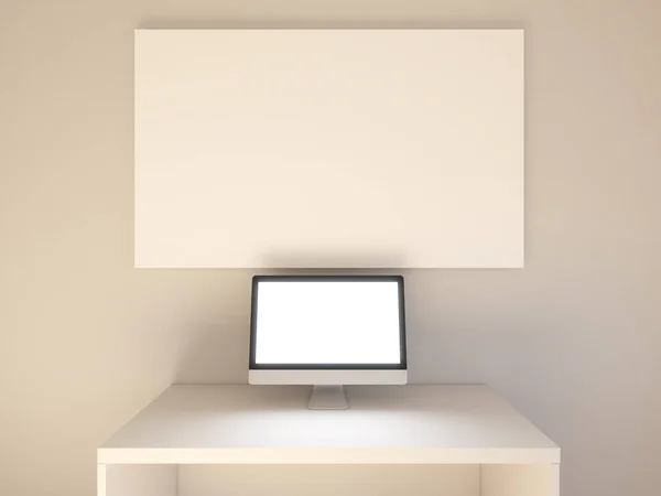 Maqueta del espacio de trabajo con el primer plano de la pantalla blanca en blanco del ordenador —  Fotos de Stock