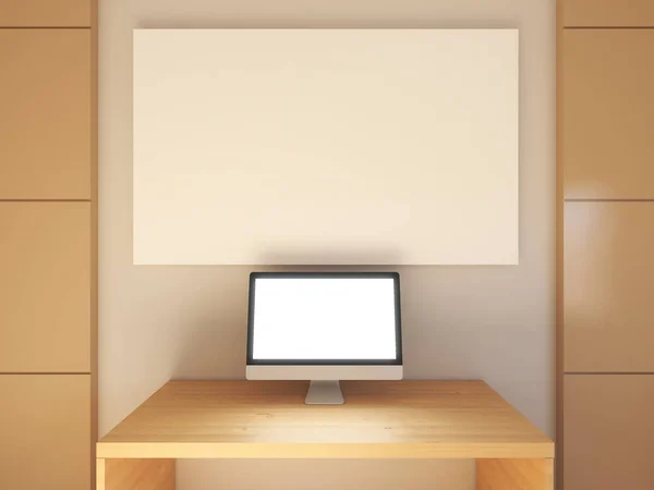 작업 영역에 빈 흰색 컴퓨터 스크린의 이랑 — 스톡 사진
