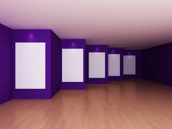 Empty room interior with white canvas on violet color wall — Stock Photo, Image