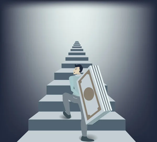 Homme Affaires Tenant Une Pile Billets Montant Les Escaliers Illustration — Image vectorielle