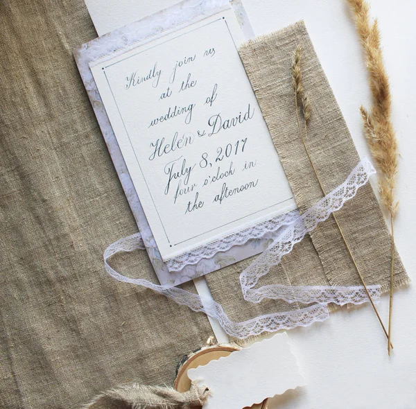 Calligraphy in wedding sets. Concept in rustic style. Horizontal