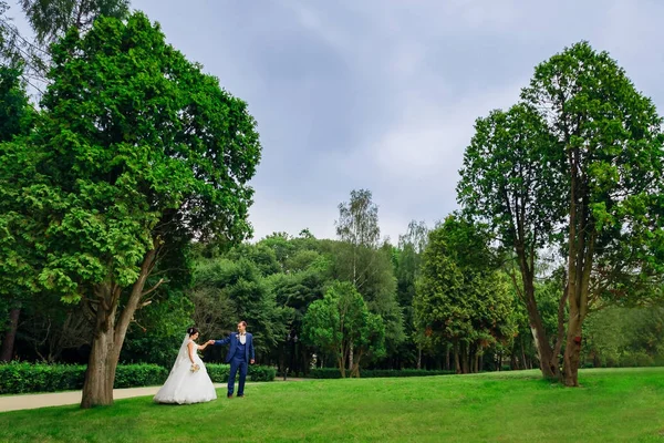 Bonita noiva andando com noivo na grama verde no gramado com tr — Fotografia de Stock