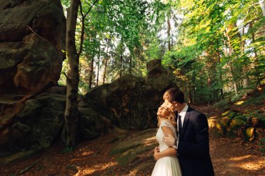 kayalar ile sonbahar ormandaki sarılma aşık genç bir çift. Olmak