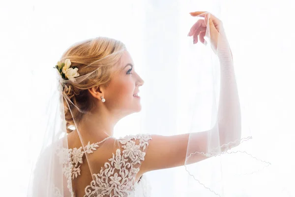 Bella sposa bionda sotto il velo tenerle la mano teneramente — Foto Stock