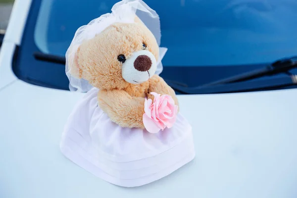 Teddy bear female in wedding dress on decorated car hood