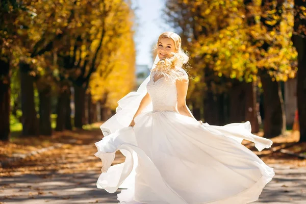 Vackra brud i fantastiska bröllopsklänning snurrar runt och h — Stockfoto