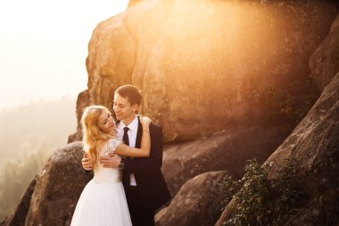 Güzel düğün çift usulca onlara ışık saçan güneş ile sarılma