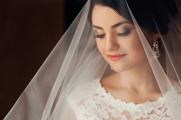 Closeup nádherná nevěsta pod závojem. Promyšlené nevěsta Beats — Stock fotografie