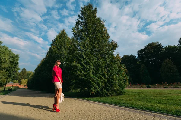 Stijlvolle schitterend meisje gelukkig wandelen in het park op zomerdag. V — Stockfoto