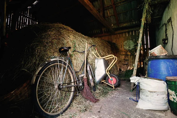 Abandoned Barn Interior Old Bike Broom Sacks — Stock Photo, Image