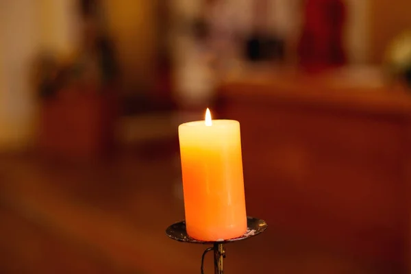 One Light Candle Burning Brightly Blurred Background — Stock Photo, Image
