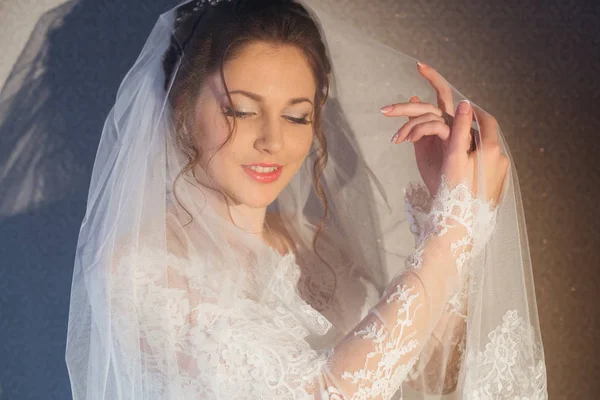 Elegante sposa in abito da sposa e velo nuziale contro la schiena — Foto Stock