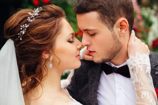 华丽的新娘和优雅的新郎之间想要亲吻的激情 — 图库照片