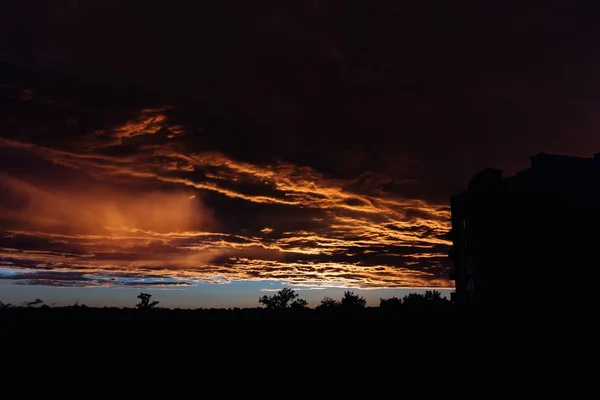 Dunkle Wolken, die Sonnenblenden und Silhouetten von Bäumen zeigen — Stockfoto
