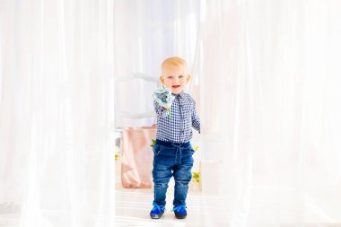 küçük beyefendi sahne arka planda güzel bir çiçek verir