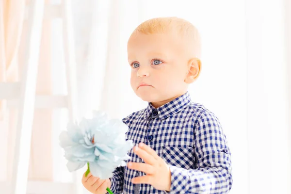 Крупный план маленького мальчика в стильной рубашке, держащего голубую платформу — стоковое фото
