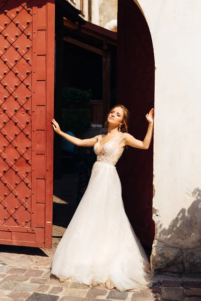 La sposa in un bellissimo abito da sposa si trova alla grande porta in — Foto Stock