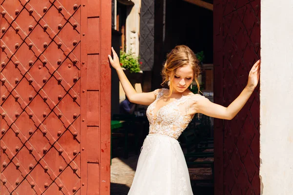 Primo piano di una sposa incredibilmente bella in piedi all'aperto d — Foto Stock