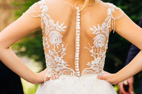 Graciösa baksidan av bruden i otroliga spetsklänning — Stockfoto
