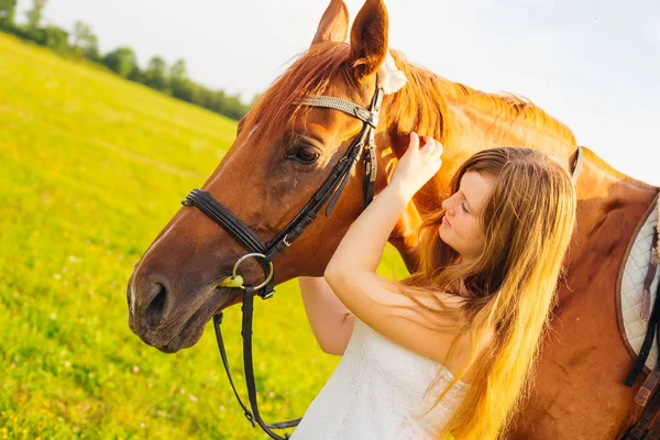 Girl Looks Beautiful Horse Touches — Stock Photo, Image