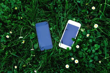 İki telefon yeşil çimlerin üzerinde yatıyor.