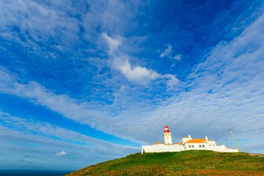 deniz feneri ve yeşil gr ile kaplı bir tepe üzerinde yer alan binalar