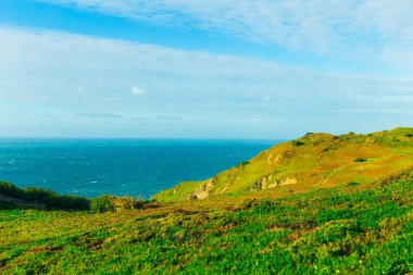 güzel tepeler yeşil çim ve sakin okyanus ile kaplı