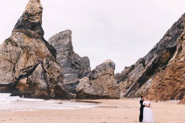 Yeni evliler kayalıklarda, okyanus kıyısındaki kumsalda sarılırlar. bea