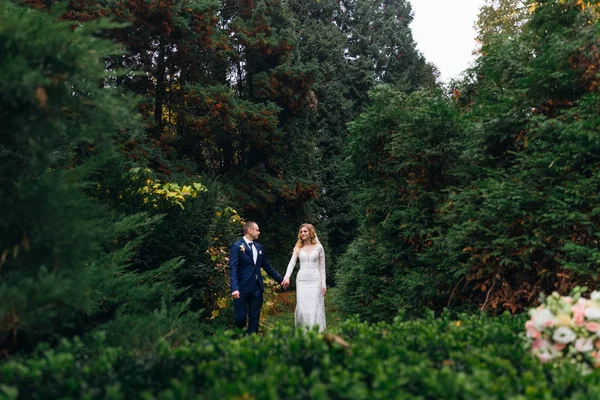 La mariée et le marié se tiennent la main et se regardent. marche dans t — Photo