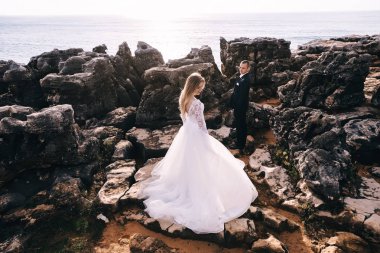 Takım elbiseli damat beyaz elbiseli geline bakıyor. büyük r
