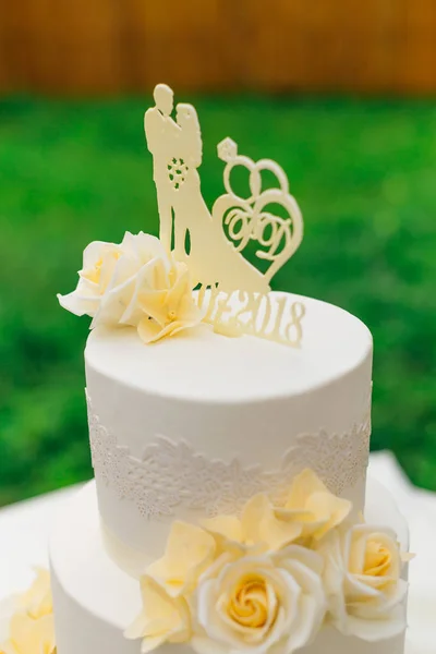 Primer plano de pastel de boda decorado con flores y estatuilla de n — Foto de Stock