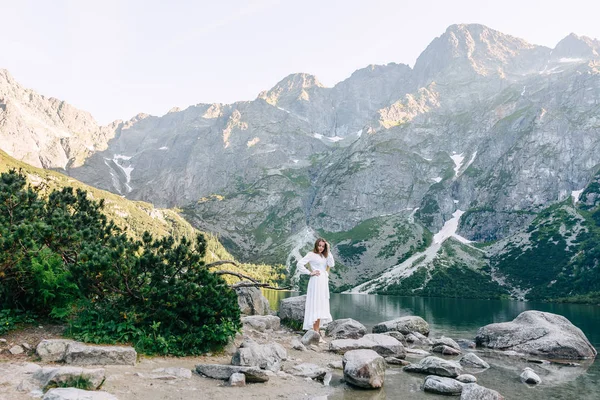 Jovem mulher em uma pedra em um fundo de montanhas rochosas e la — Fotografia de Stock