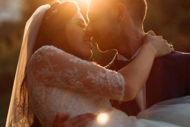 the groom holds the bride in her arms and they kiss. Evening sun