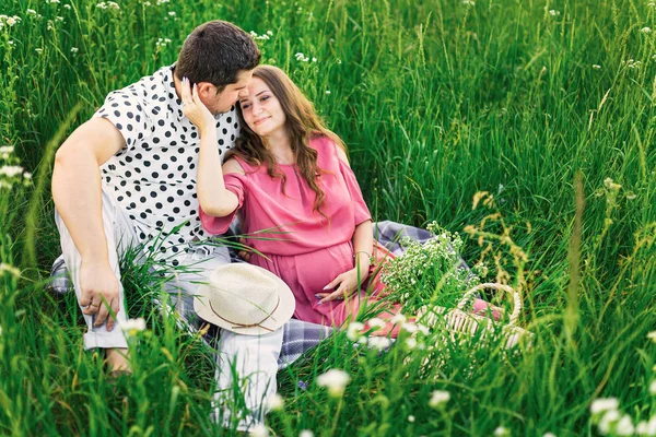 Weide met hoog gras en de toekomstige ouders zitten op een deken. b) — Stockfoto