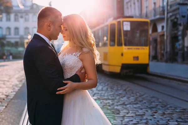 Hermosa Novia Vestido Blanco Con Encaje Novia Traje Abraza Novia —  Fotos de Stock