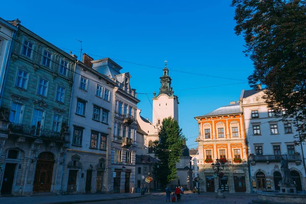 Lviv Oekraïne Juni 2018 Oud Stadsplein Ochtend Prachtige Architectuur Blauwe — Stockfoto